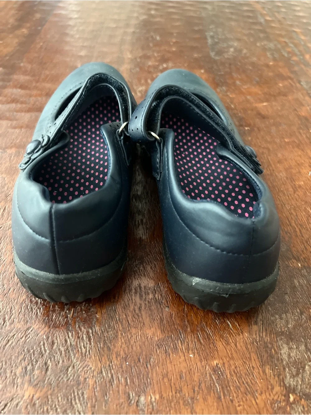 Kids Mary Jane School Shoes - Navy with Pink Polka Dot Insole Size 1